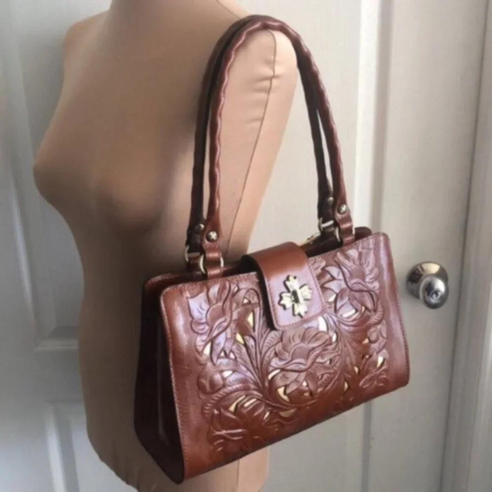 Patricia NASH Rosina Leather Cut Out Tooled Shoulder Handbag Tan